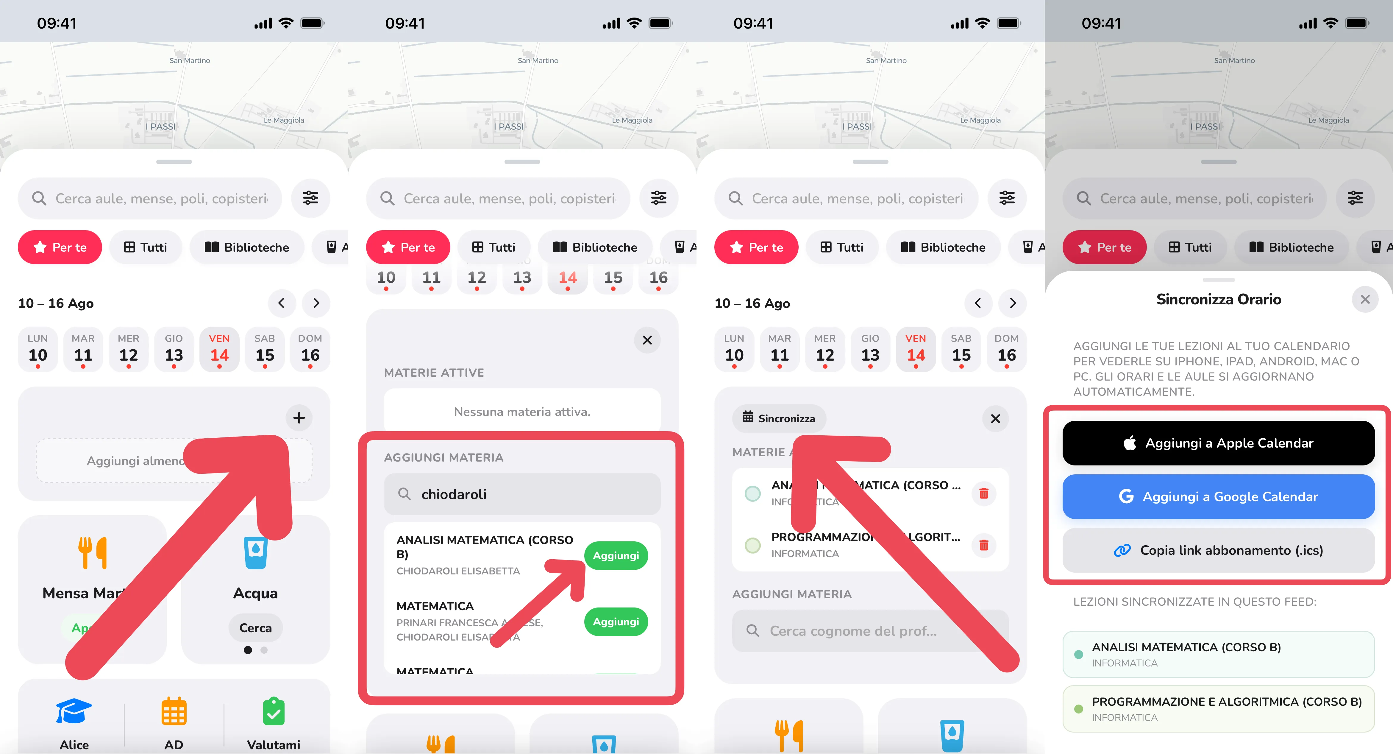Passi per aggiungere le lezioni al calendario dall'app LA MAPPA UniPi