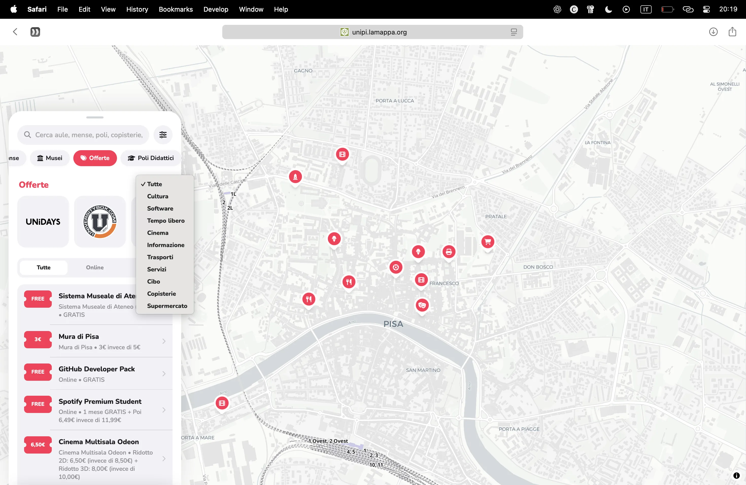 Schermata sezione sconti nell'app LA MAPPA UniPi - Foto 1