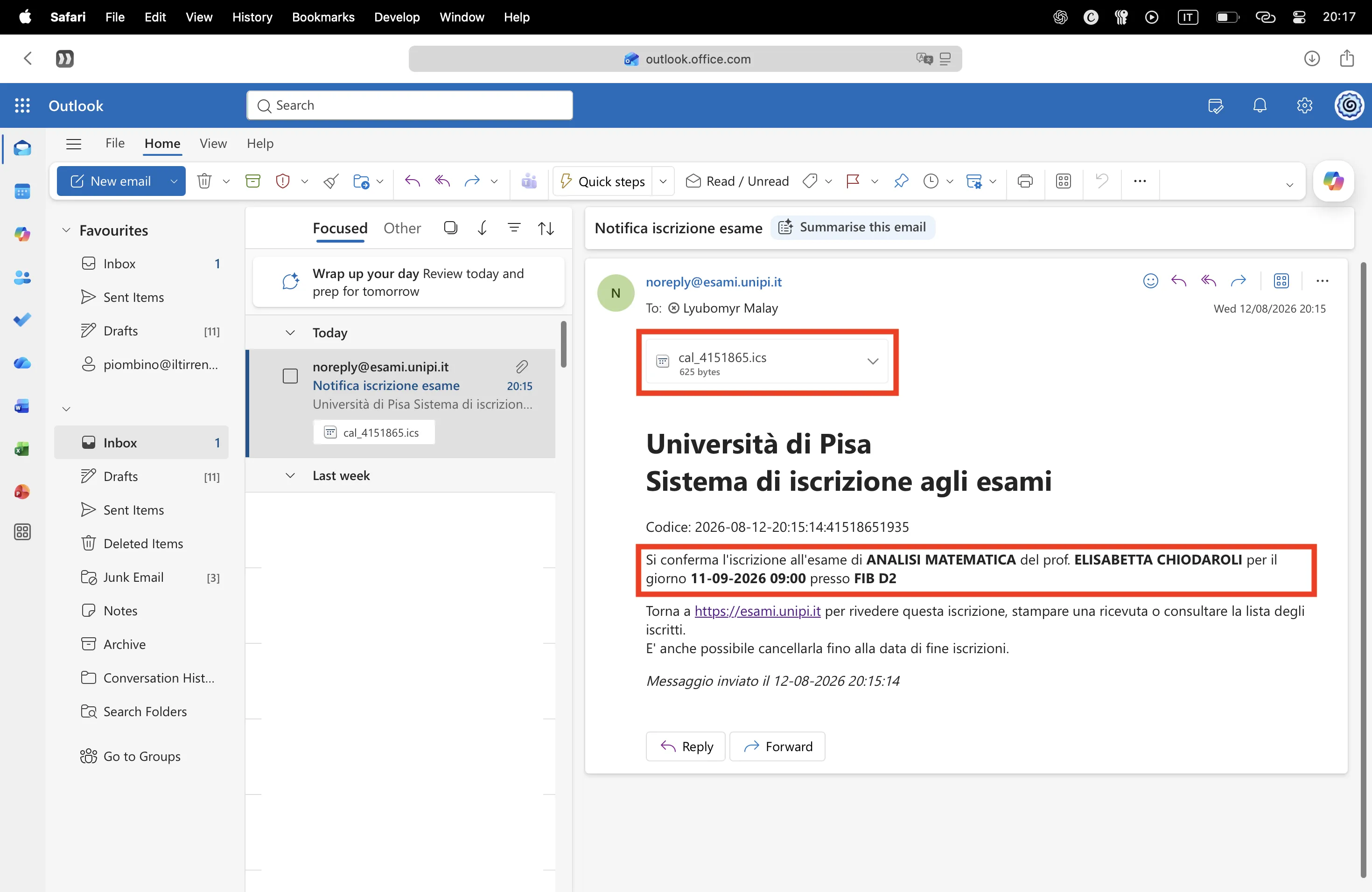 Email di conferma dell'iscrizione con file ics allegato